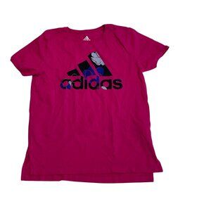 Adidas Pink Graphic Logo T-Shirt L/G Youth 100% Cotton Crew Neck Short Sleeve G-